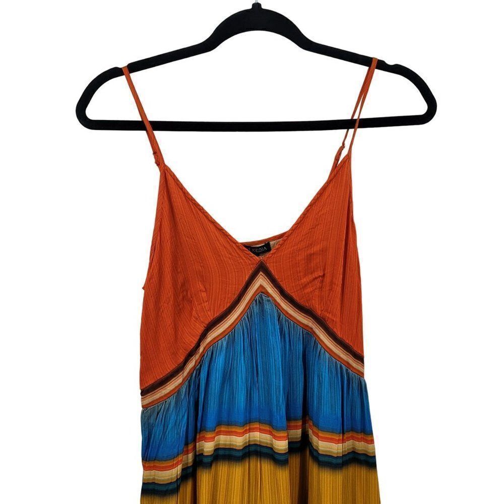 Anthropologie Tanvi Kedia V-Neck Colorblock Midi Dress M Sleeveless Tiered Pleat - Picture 9 of 10